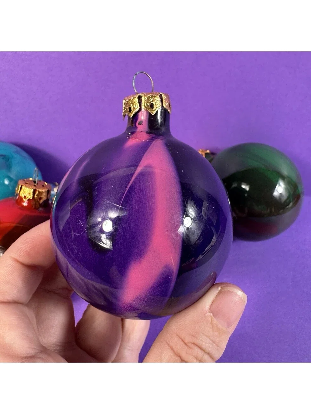4 Glass Christmas Ornaments Swirl Marbled Red Blue Teal Handpainted 1990s Retro